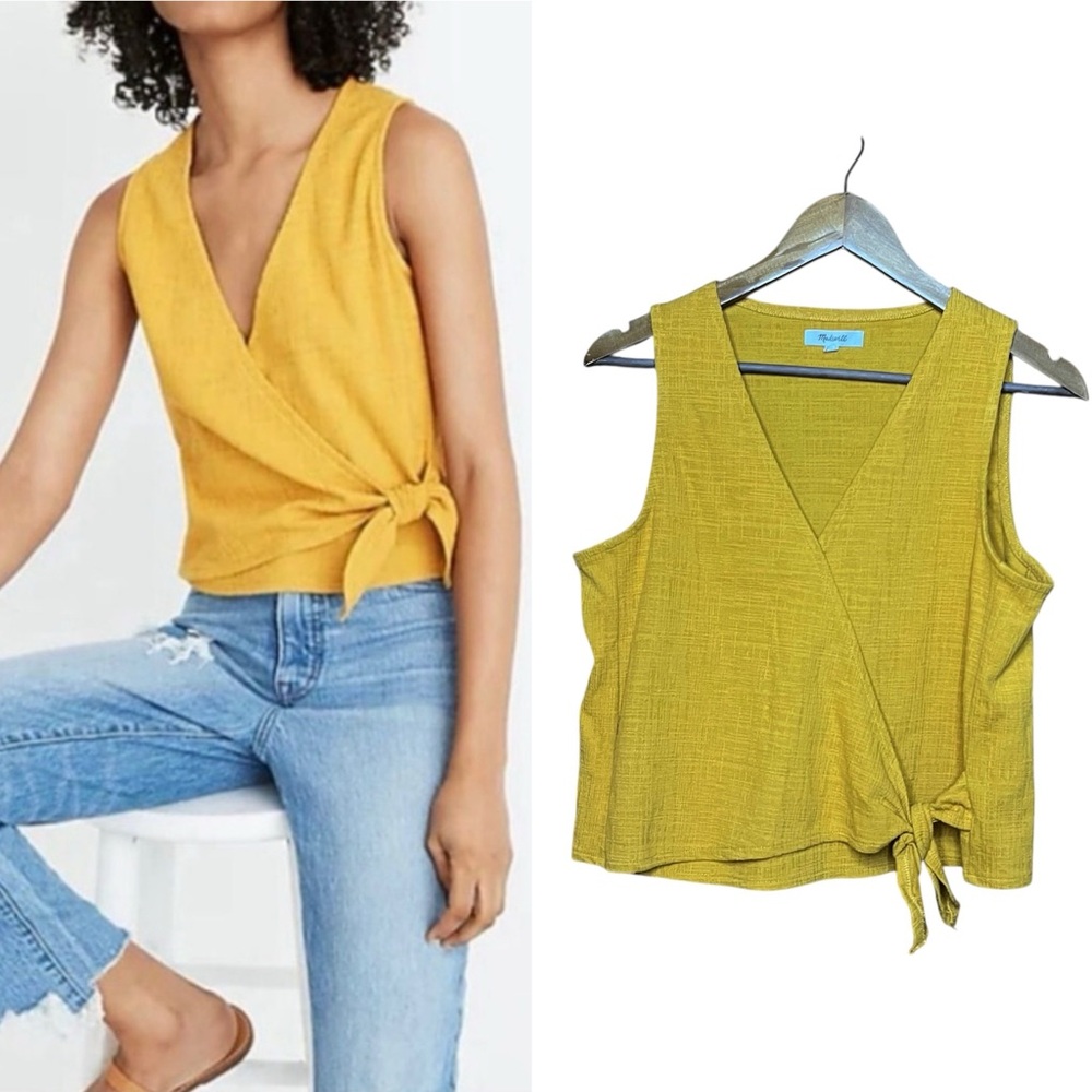 Madewell Wrap Mustard Yellow Blouse M Textured Top Sleeveless V-Neck Beachy
